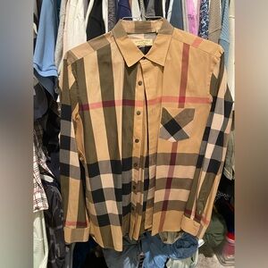 Men’s Burberry Tan plaid long sleeve button down shirt size XL
